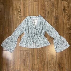 Women's Floral Print Ruffle Topper Tie-Waist Bell-Sleeve Top, Blue, S